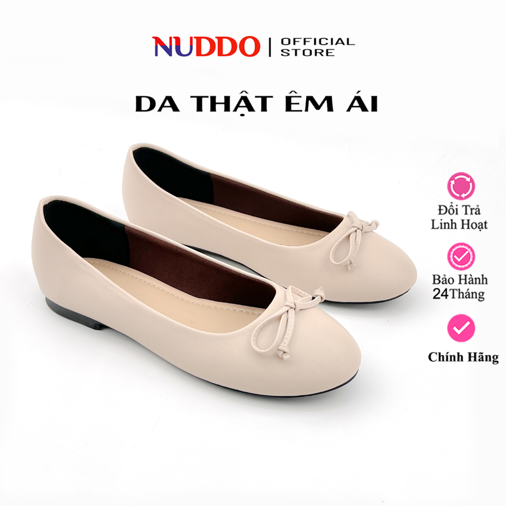 Giày Bệt Nữ Búp Bê Mũi Tròn Da Thật Cao Cấp, Guốc Đế Bằng Phối Nơ Chỉ Da Mềm NUDDO - NN008C