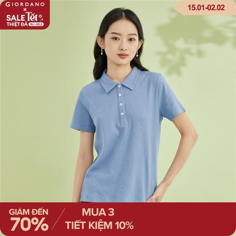 Áo thun nữ POLO tay ngắn gấu áo xẻ tà hai bên găn tăm dệt kim Giordano Free Shipping 13312221