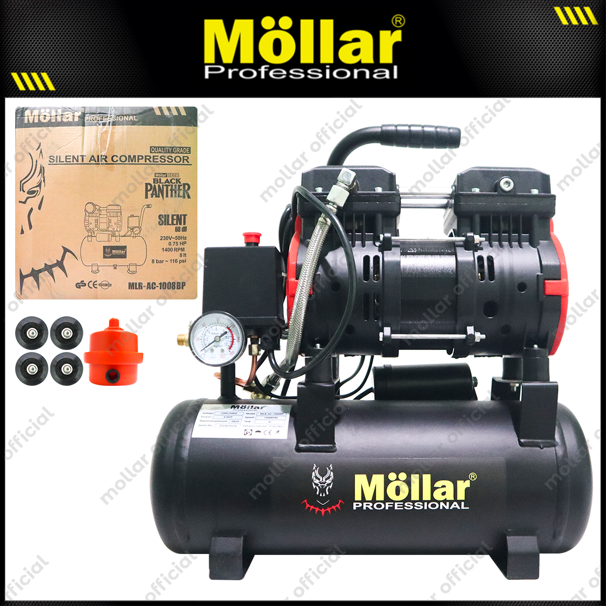MOLLAR AC-1008BP Mesin Kompresor Angin 3/4 HP 8 Liter Silent Oilless Black Panther Harga 1,140,000 rupiah*Gratis Ongkir