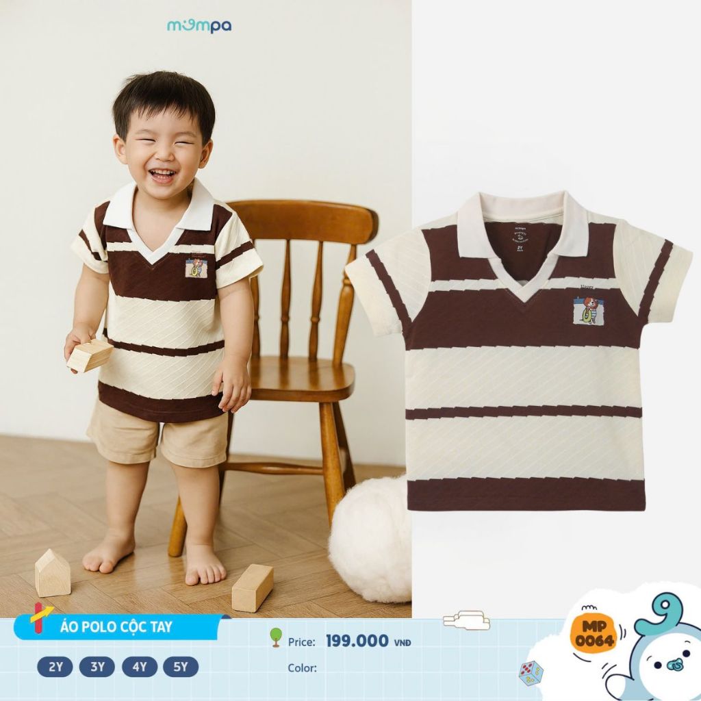 Áo polo bé trai Mompa 2-5 tuổi cộc tay vải Cotton co giãn mềm mại thoáng khí 0064