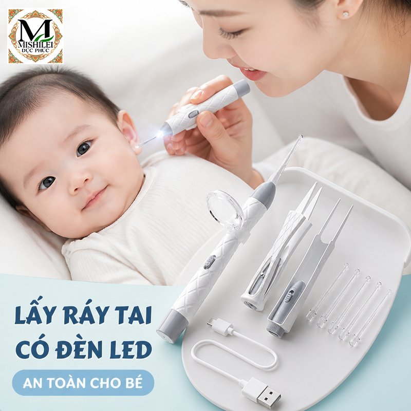 Mishilei Dụng cụ lấy ráy tai đèn led thông minh silicone mềm tai nghe nhìn có hộp đựng an toàn dùng gia đình