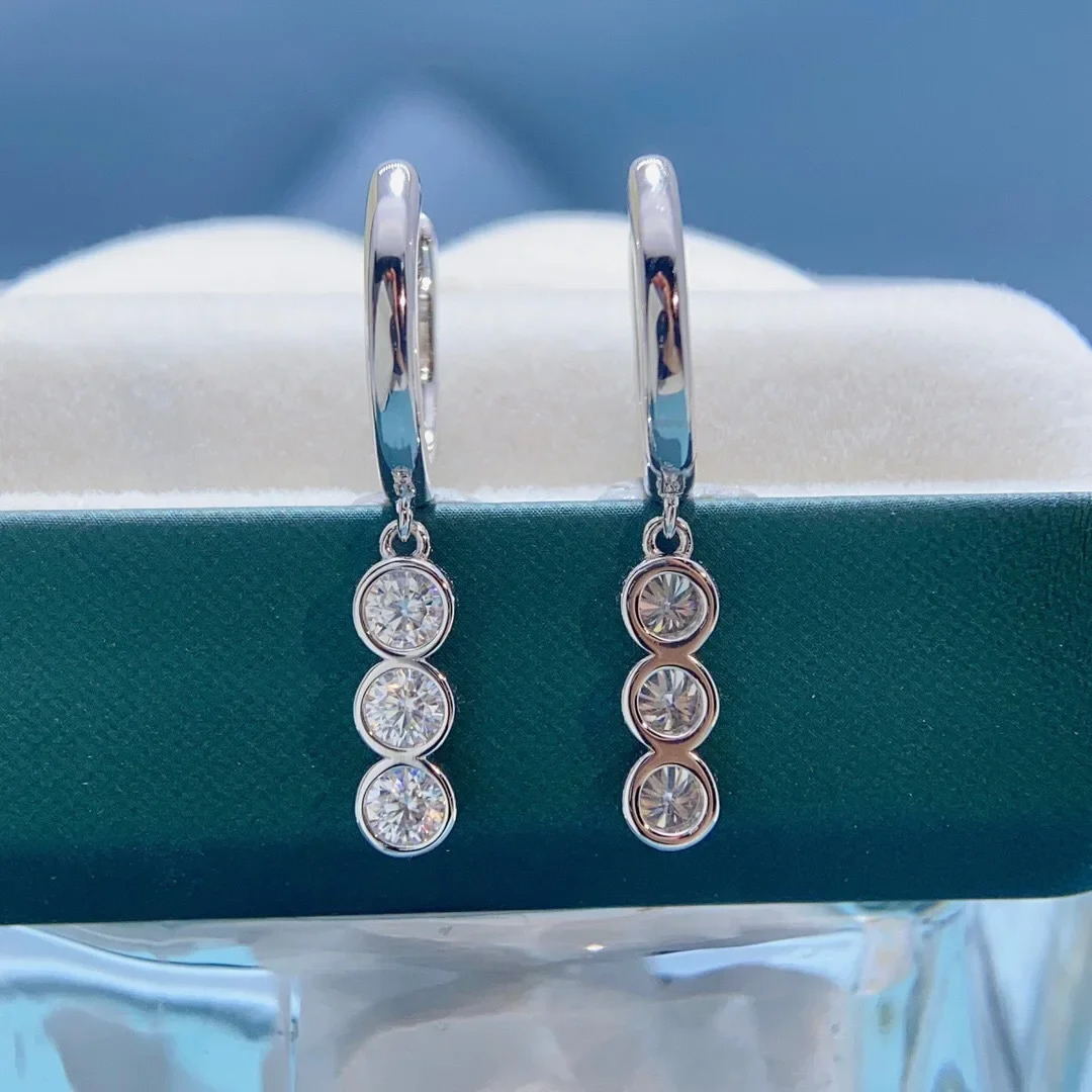 Solid 14K White Gold AU585 Platinum PT950 Tassel Design Earrings Buckle Women Moissanite Fashion Earrings · v3