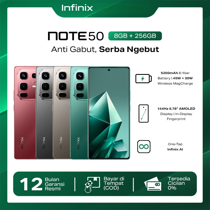 Infinix Note 50 [8/256GB] - Up to 16GB Extended RAM - Helio G100 - 6.78 inch FHD+ Amoled - 50MP OIS - 5200 mAh - NFC Harga  3,099,000 rupiah*Gratis Ongkir