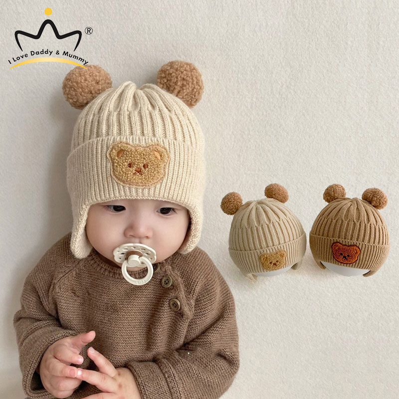 I LOVE DADDY&MUMMY 1-4Y Baby Ear Protection Knitted Hat Cartoon Bear