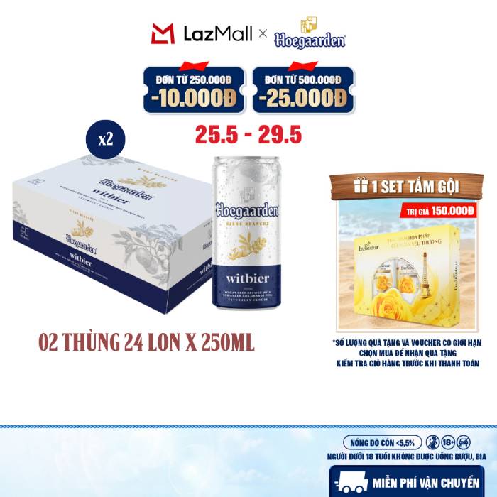 Combo 2 Thùng 24 Lon Bia Hoegaarden white bỉ thùng 24 lon (250ml/lon)