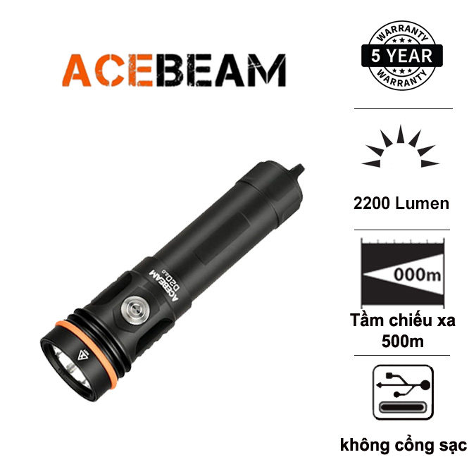 Đèn lặn ACEBEAM D20 2.0 sáng 2200lm xa 500m pin 21700 5100 mAh chịu ngập sâu 200m