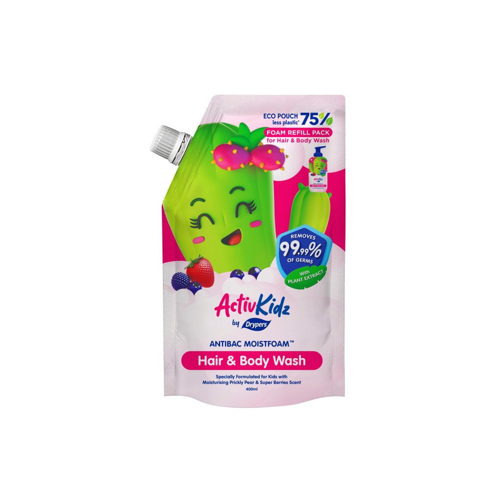 DRYPERS Activ Kids Antibacterial Hair And Body Wash Super Berries Fruity Fresh Refill Pack 400ML