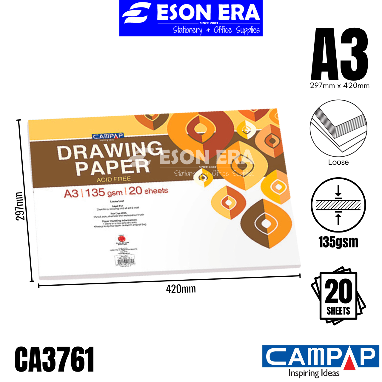 [A3] Campap Drawing Paper A3 135gsm / 165gsm / 200gsm 20sheets