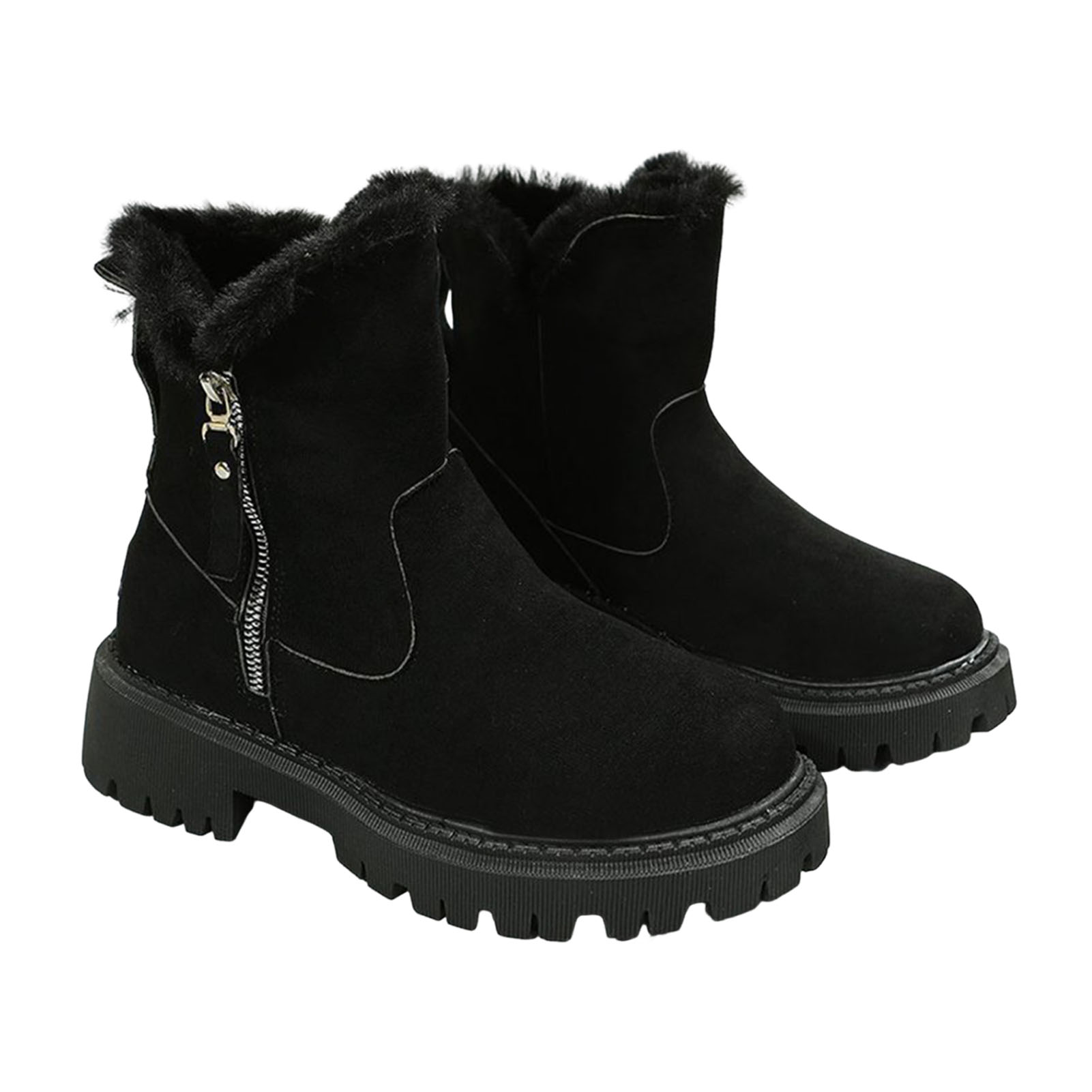 【Stock】 Thick-soled Boots Round Toe Ankle Boots Women’s Winter Ankle Boots Faux Suede Warm Fuzzy Cuffs Side Zipper Thick Anti-slip Sole Short Boots for Daily Wear Party Street Casual Shoes