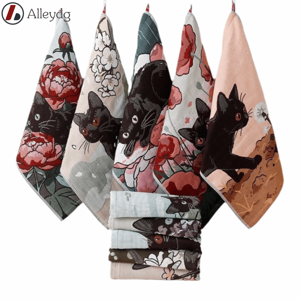 ALLEYDG Vải gạc cotton 4 lớp Khăn lau tay cỡ lớn Họa tiết mèo 34x40cm Khăn lau trà Dễ thương Khô Nhanh Khăn lau bếp Nhà hàng tại gia