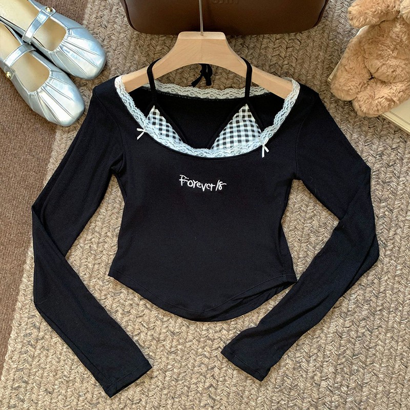 📌Lan ลูกไม้ห้อยคอเสื้อยืดลายสก๊อตปลอมสองชิ้นผู้หญิงเย็บปะติดปะต่อแขนยาวเสื้อยืด ราคา 144 บาท*ส่งฟรี