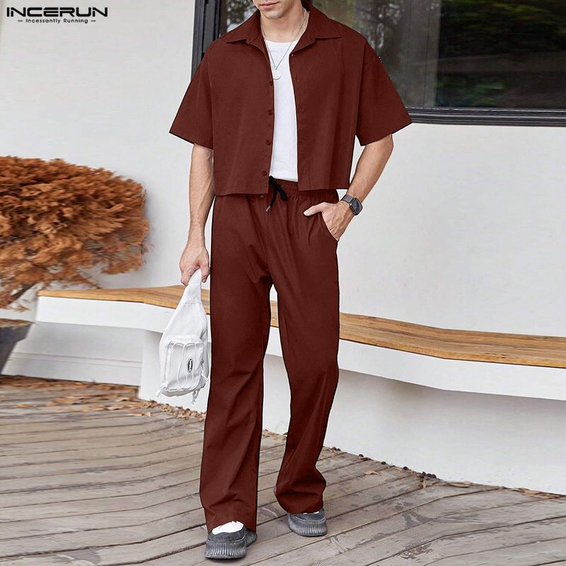 Incerun hai mảnh phù hợp cho nam phong cách tay ngắn ve áo áo lửng quần dài bộ phong cách phương Tây #1027