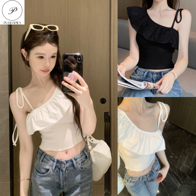 PUHHAPIEYเสื้อเชิ้ตสายเดี่ยวสะพายไหล่ใบบัวสำหรับผู้หญิงเสื้อท่อนบนไหล่แนวทแยงไหล่เดียวสุดฮอตสำหรับฤดูร้อน ราคา 125 บาท*ส่งฟรี