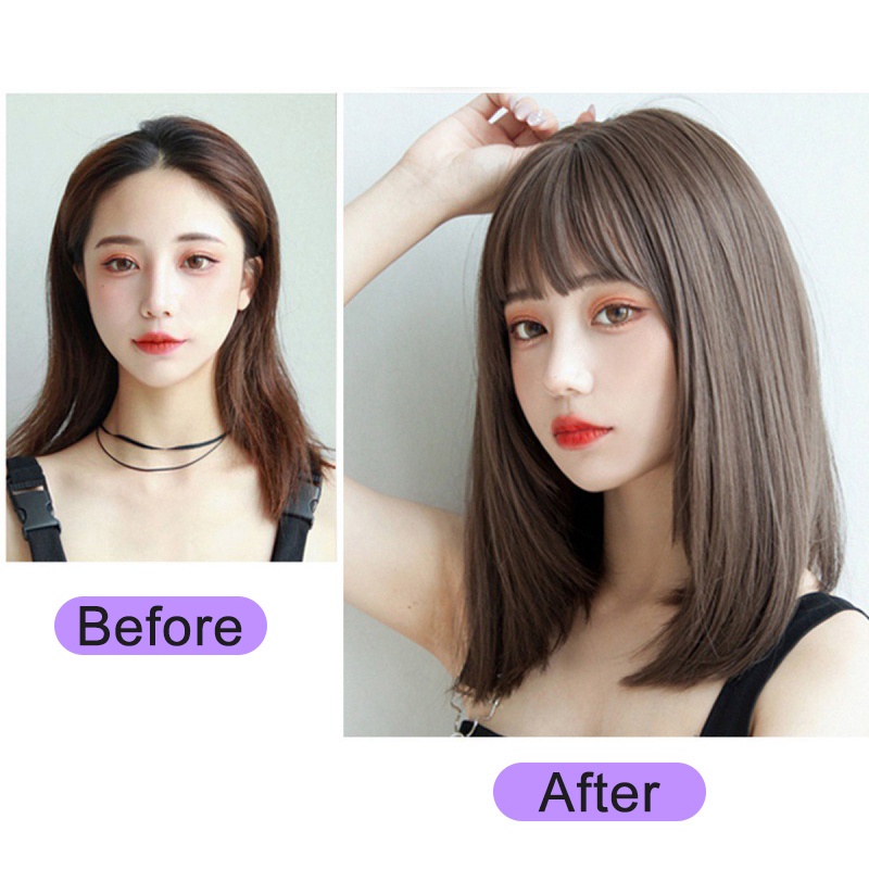 Fashion Straight Wigs For Women Medium Long Hair Wig with Bang Female Full  Head Cover Clavicle Wig