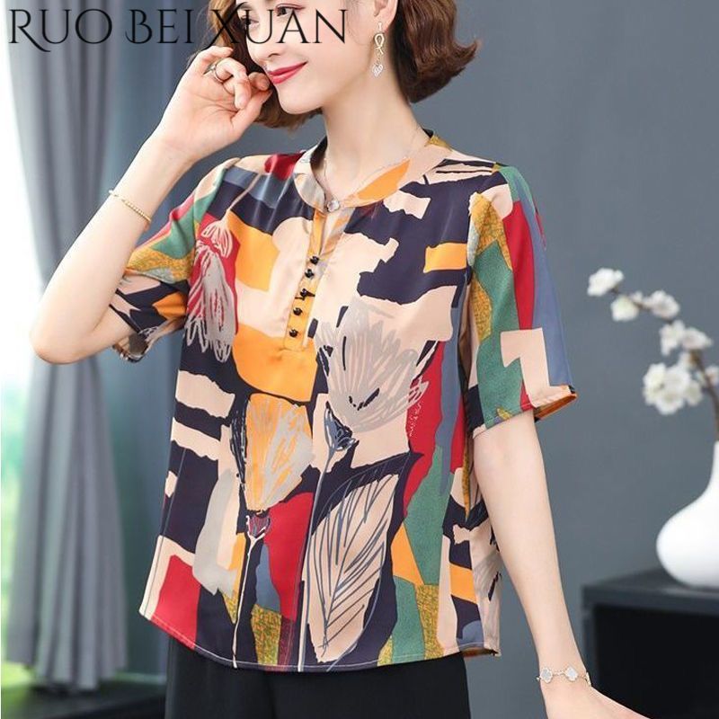 Ruo Bei Xuan Summer Women's Short-Sleeved Printed Shirt Chiffon Short-Sleeved Shirt for Women Mom Summer Clothes ราคา 133 บาท*ส่งฟรี