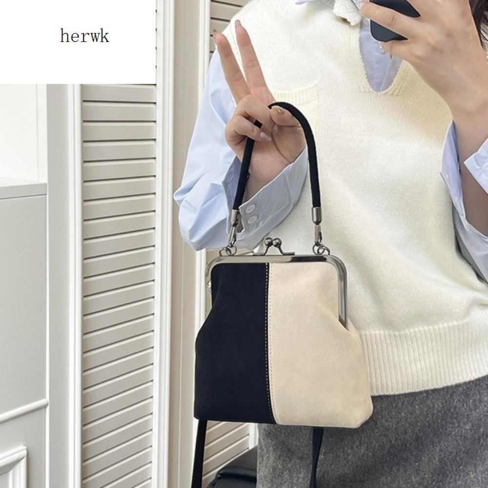 HERWK Khóa hôn Túi xách mờ retro PU Dung lượng lớn Túi đeo chéo bằng da Thanh lịch Đóng cửa bằng kẹp Túi đeo vai clutch Chuyến đi du lịch