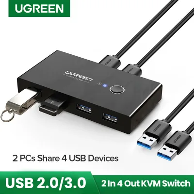 UGREEN USB 3.0 Sharing Switch, 2 Computers 4-Port USB Peripheral Switcher Adapter Box Selector for PC, Printer, Scanner, Mouse, Keyboard with One-Button Swapping and 2 Pack USB A to A Cable - intl