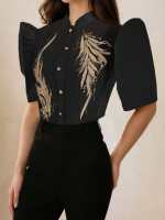 Amyenjoylife Modern Filipiniana Tops WomenS Stand-Up Shirt Blouses Women Semi Formal Puffy Sleeves Tops Elegant For Women Filipiniana Office Work【1-3 Day Delivery🚀】