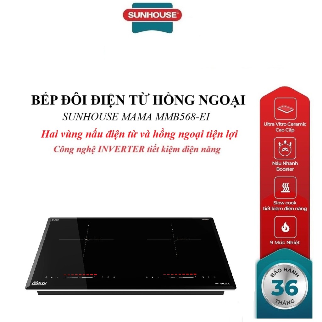 Bếp đôi điện từ hồng ngoại Sunhouse Mama MMB568-EI, tổng công suất 4400W, Nấu nhanh BOOSTER