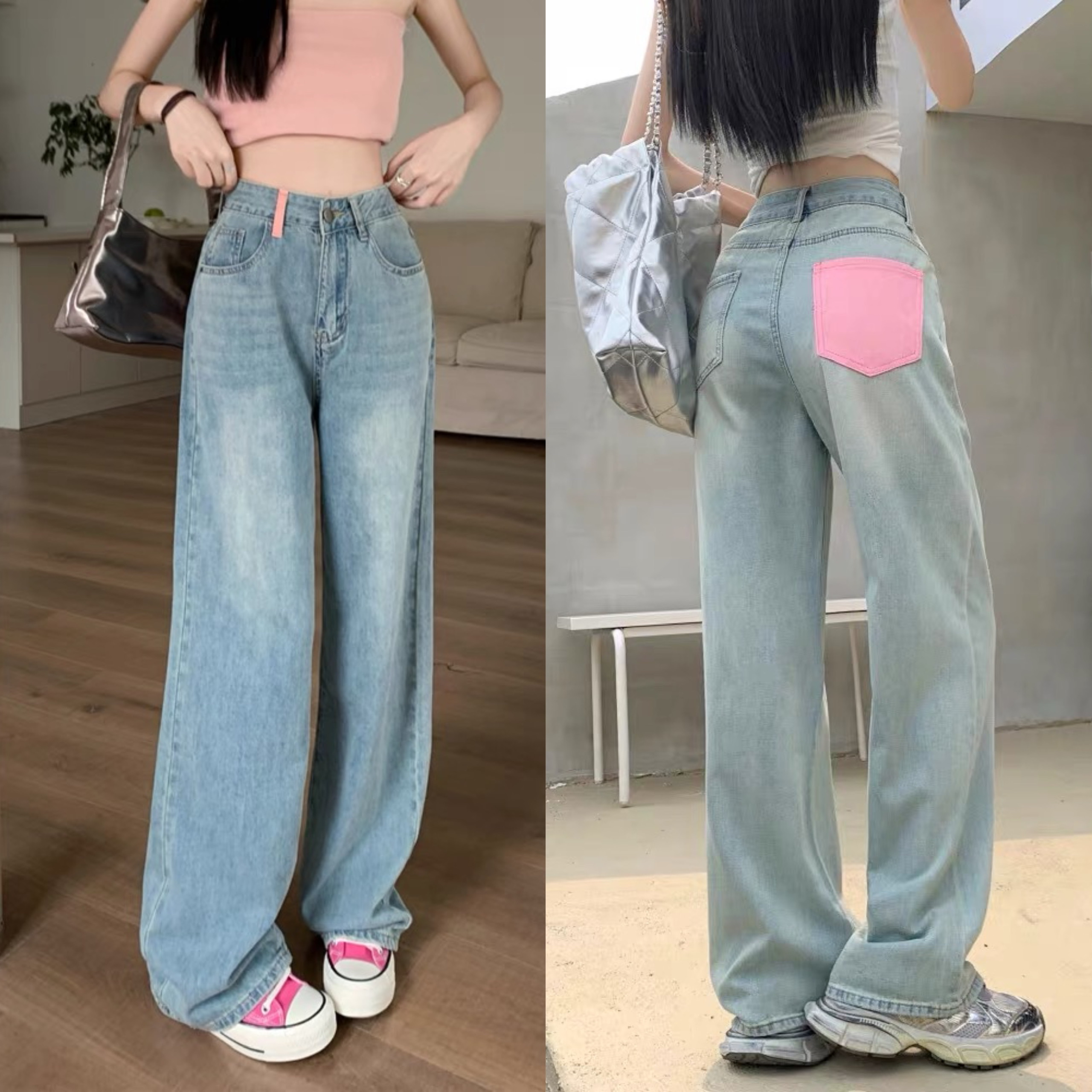Quần Jeans Nữ Bigsize Suông Ống Rộng Màu Xanh Đá Phối Túi Hồng Phối Đai Hồng 0043
