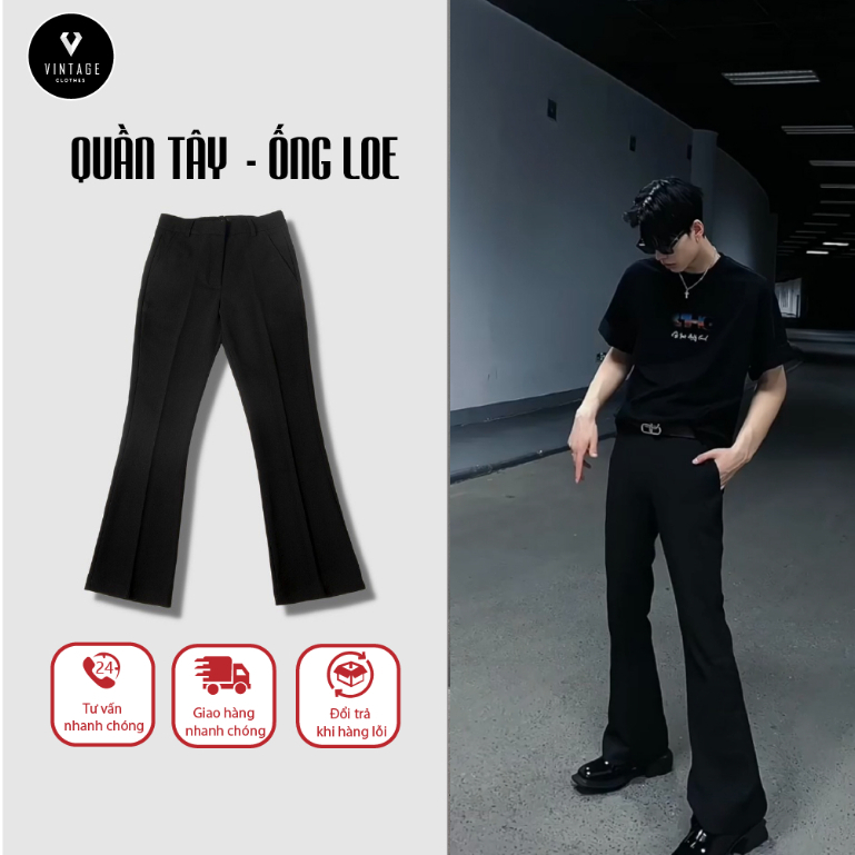  ARWARW Quần vải ống loe nam Vintage quần tây nam nữ hàn quốc ống loe nhẹ hack dáng vải vitex cao cấp - Black RA423 