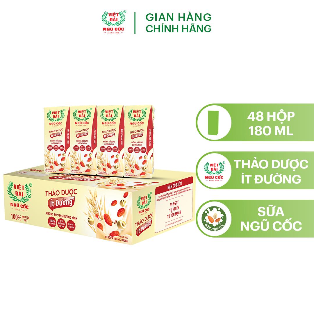 Thùng 48 Hộp Sữa Thảo Dược Ít Đường VIỆT ĐÀI Không Bổ Sung Đường Kính 180ml