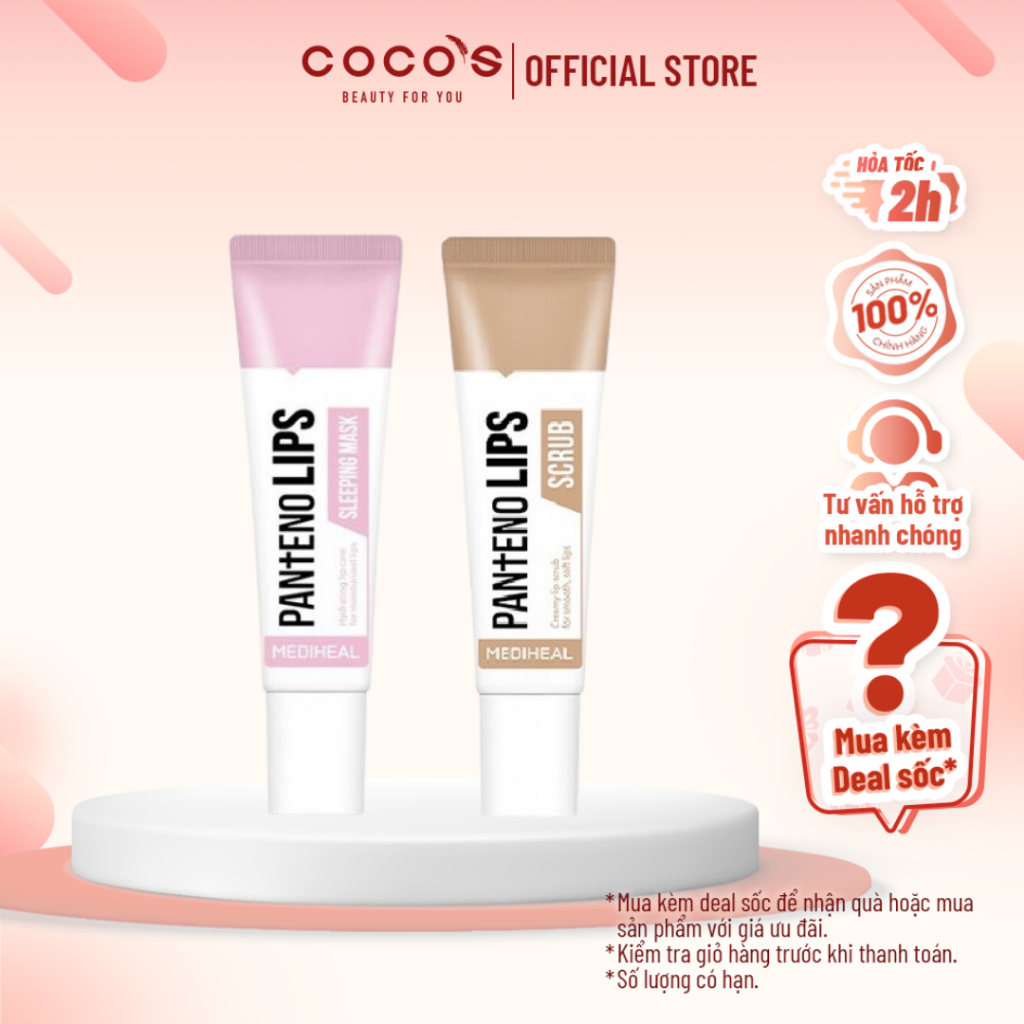 Combo tẩy da chết và mặt nạ ngủ môi mediheal panteno lips