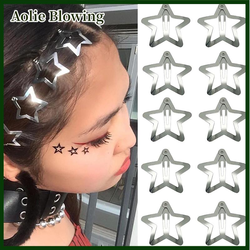 Aolie 10Pcs Sao Tóc Clip Snap Tóc Barrettes Không Trượt Năm Cánh Sao Phụ Kiện Tóc Cho Cô Gái Phụ Nữ Y2K Kim Loại Tóc Clip