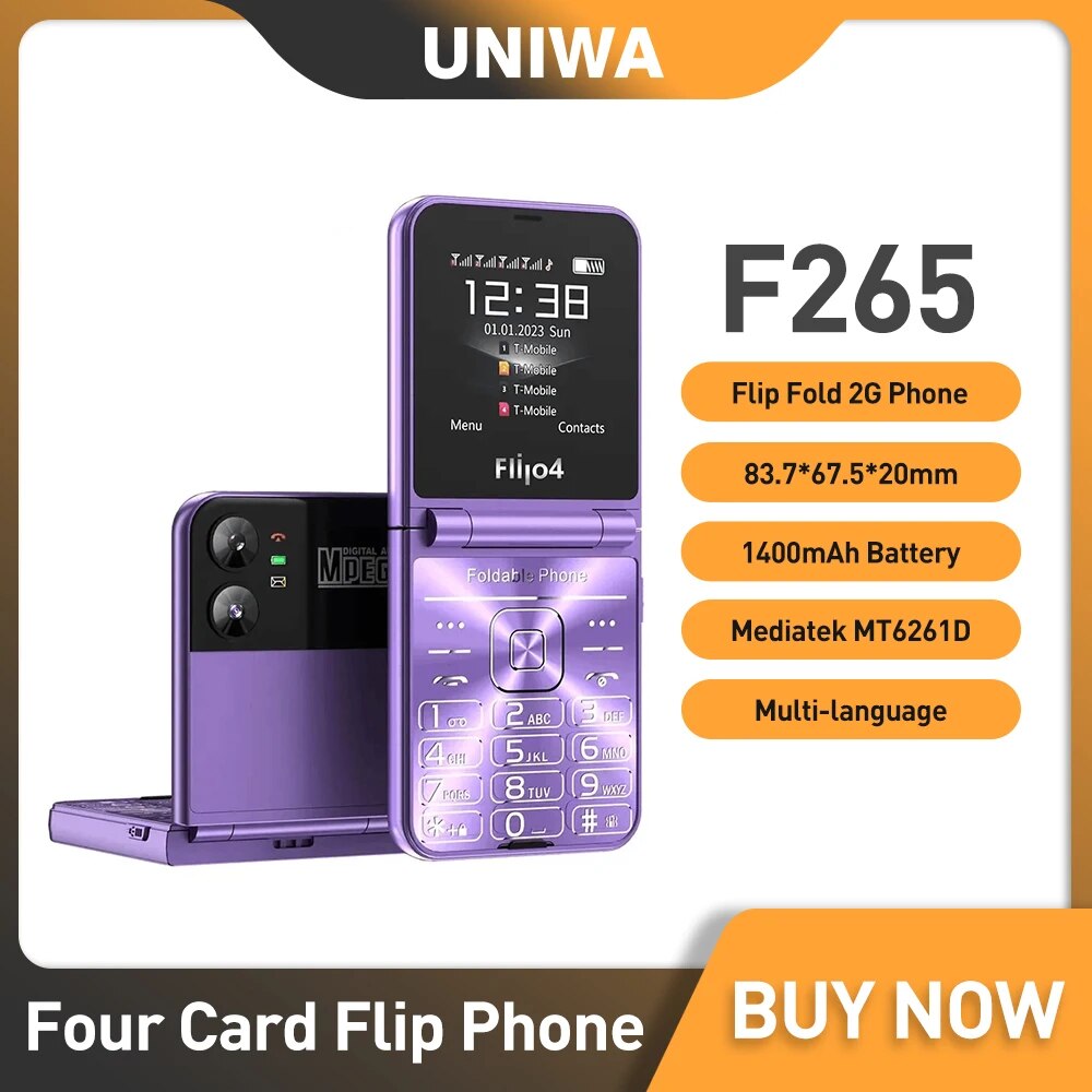 UNIWA F265 Fold Flip Phone 4 SIM Card Mobile Phone for Elderly Dual Screen Single Nano Big Push-Button 1400mAh Battery ราคา 790 บาท*ส่งฟรี