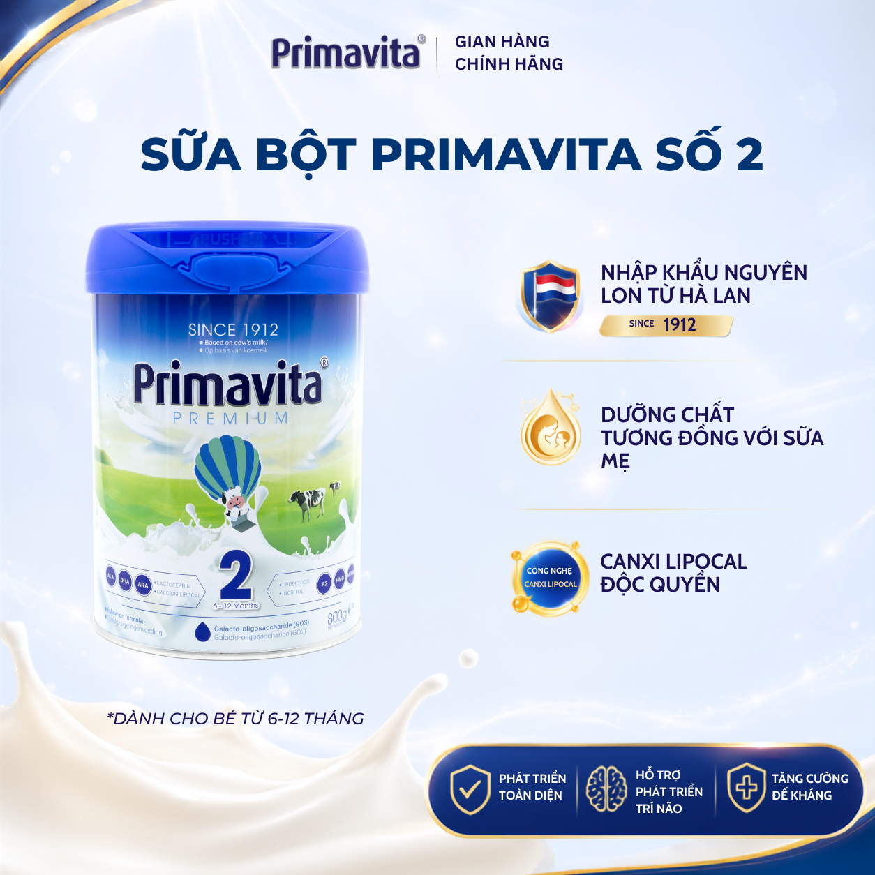 Sữa bột Primavita Premium số 2 nhập khẩu nguyên lon từ Hà Lan hỗ trợ bé hấp thu tối da dinh dưỡng 800g (6-12 tháng tuổi)