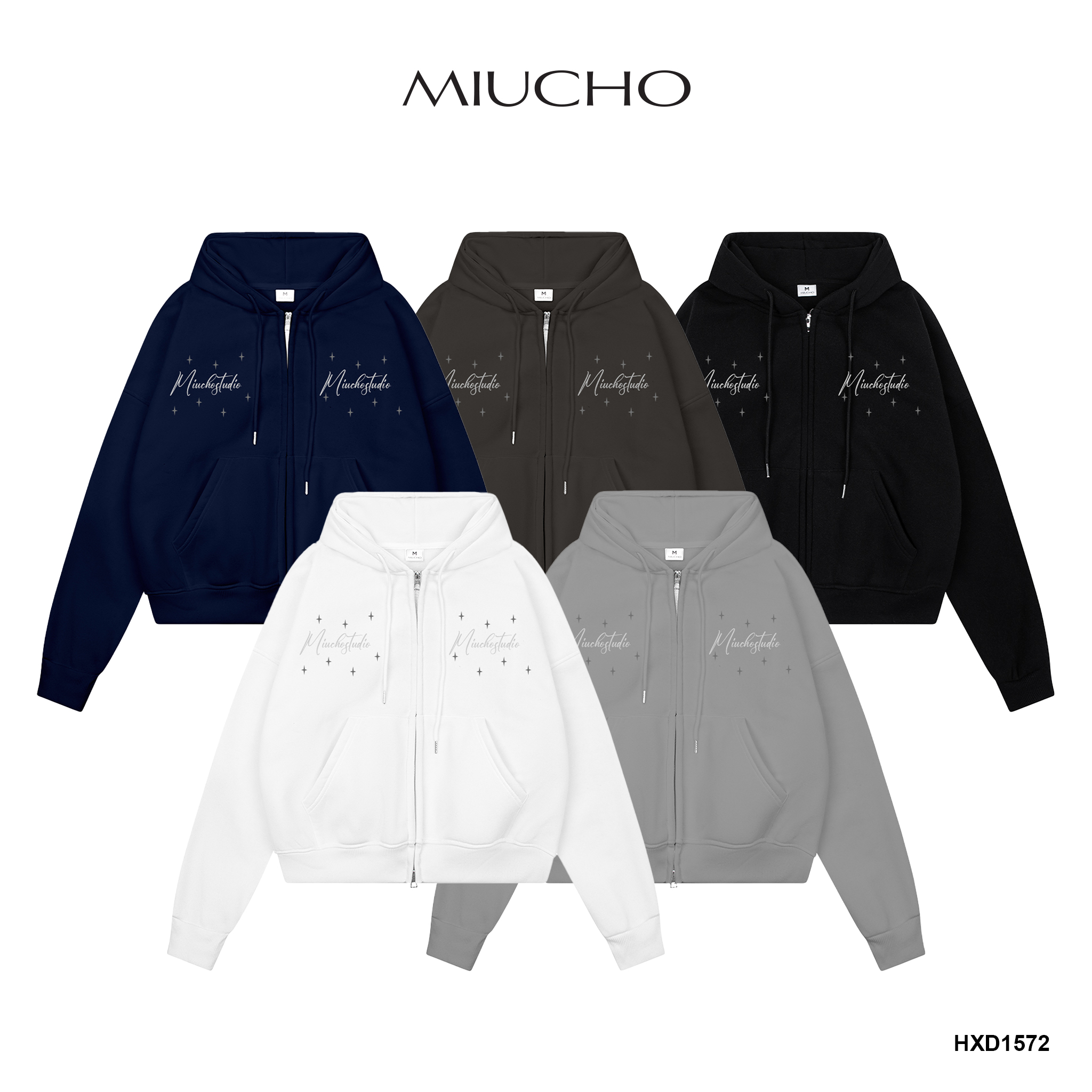  Áo hoodie zip local brand dày dặn form boxy HXD1572 Miucho Club vải nỉ bông khóa kéo mũ rộng in mix 