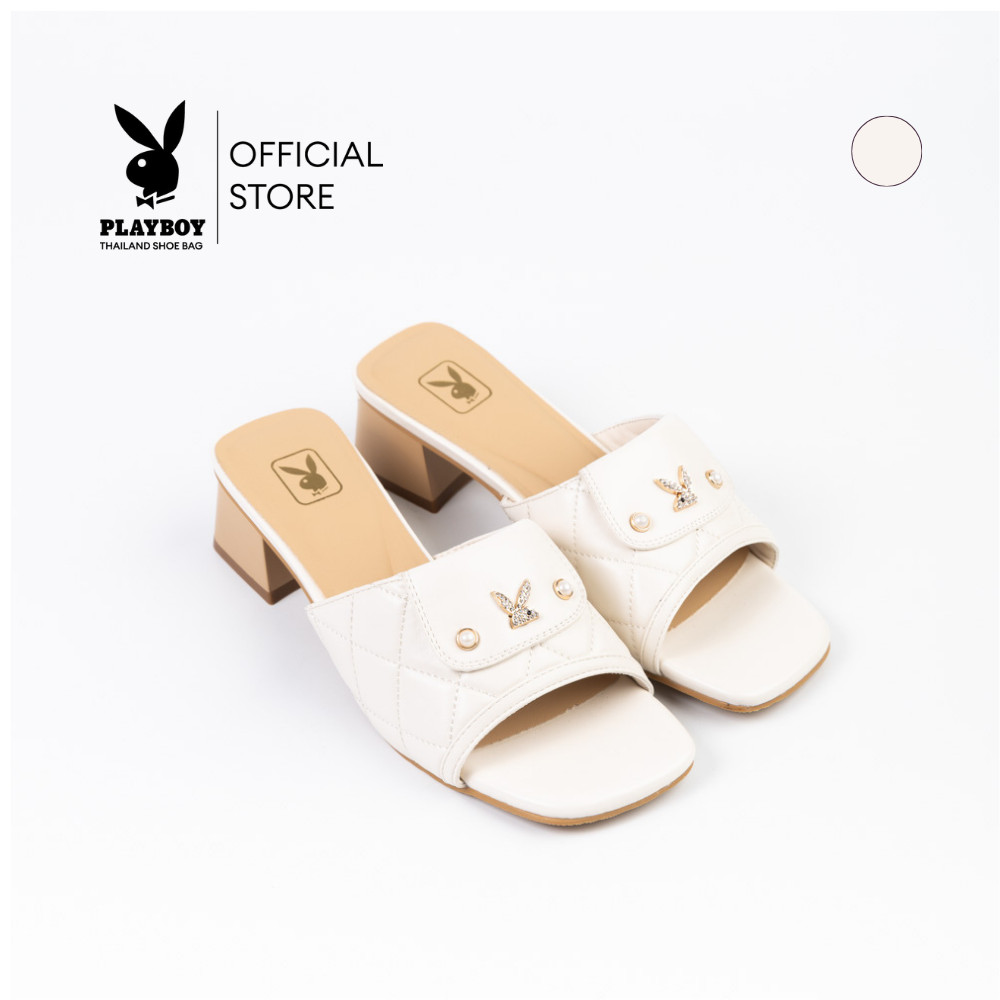 Playboy Model Paddi Block Mules, Code St-H254C1228-Wh, Sofa Upholstery Design. Decorated with Logo Parts, Color Ivory White. ราคา 1,832 บาท*ส่งฟรี