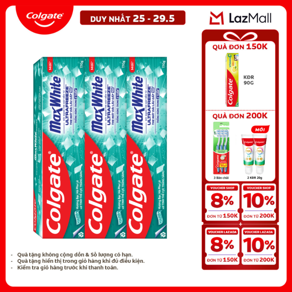 [Chỉ 25-29.5_X2 Voucher giảm 20%] Bộ 3 Kem đánh răng Colgate MaxWhite tinh thể the mát, làm trắng răng trong 2 tuần