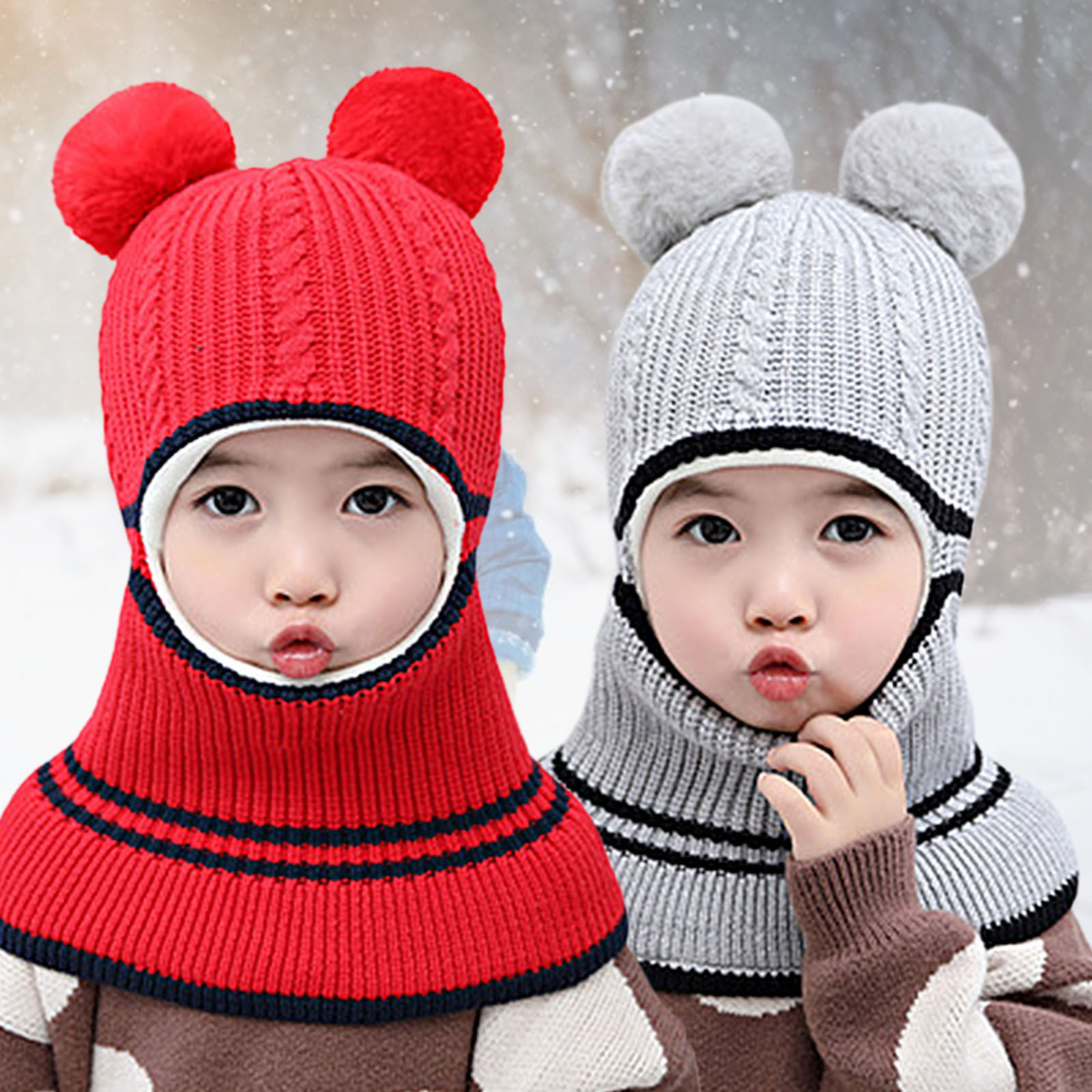 Baby Winter Double Pompom Warm Hat Knitted Cap One Piece Earmuff Neck