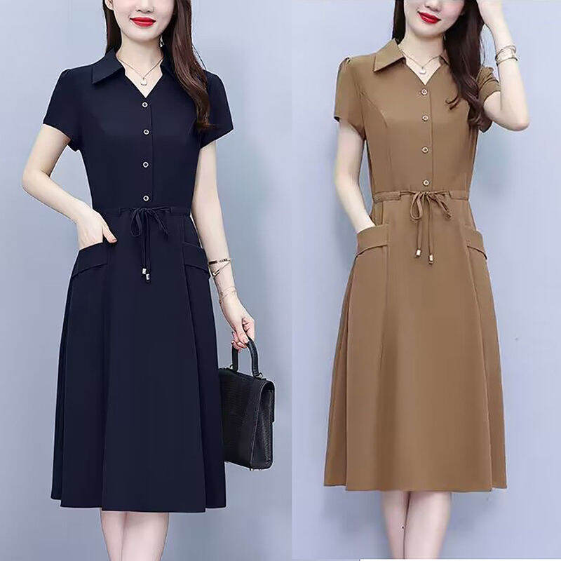 Dresses for Women Fashion Summer Autumn High Elastic Waist Office Formal OL Dinner Party Dress Plus Size Elegant Solid A Line Midi Dresses Red Khaki Blue