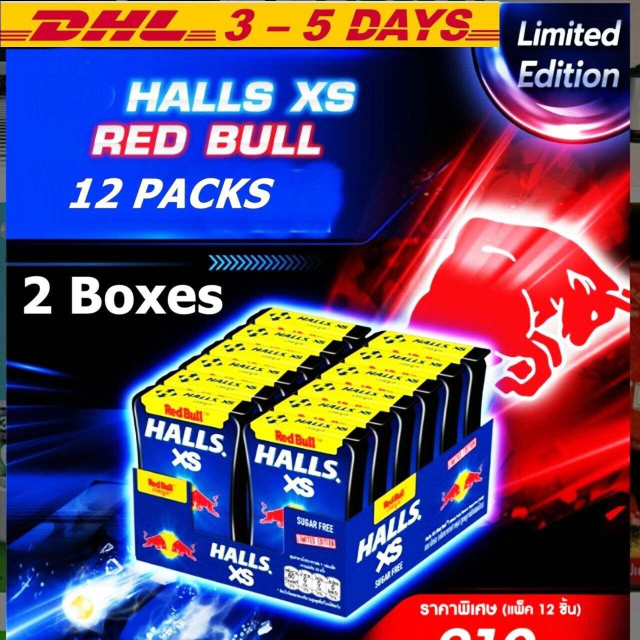 Kẹo ngậm thơm miệng cai sản phẩm Halls XS vị RedBull Thái Lan