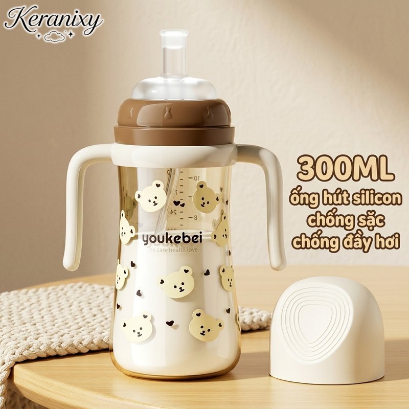 Keranixy Bình sữa cho bé chống rơi bình uống sữa kèm ống hút nhựa PP dày bền chống tràn dễ vệ sinh dùng tại nhà