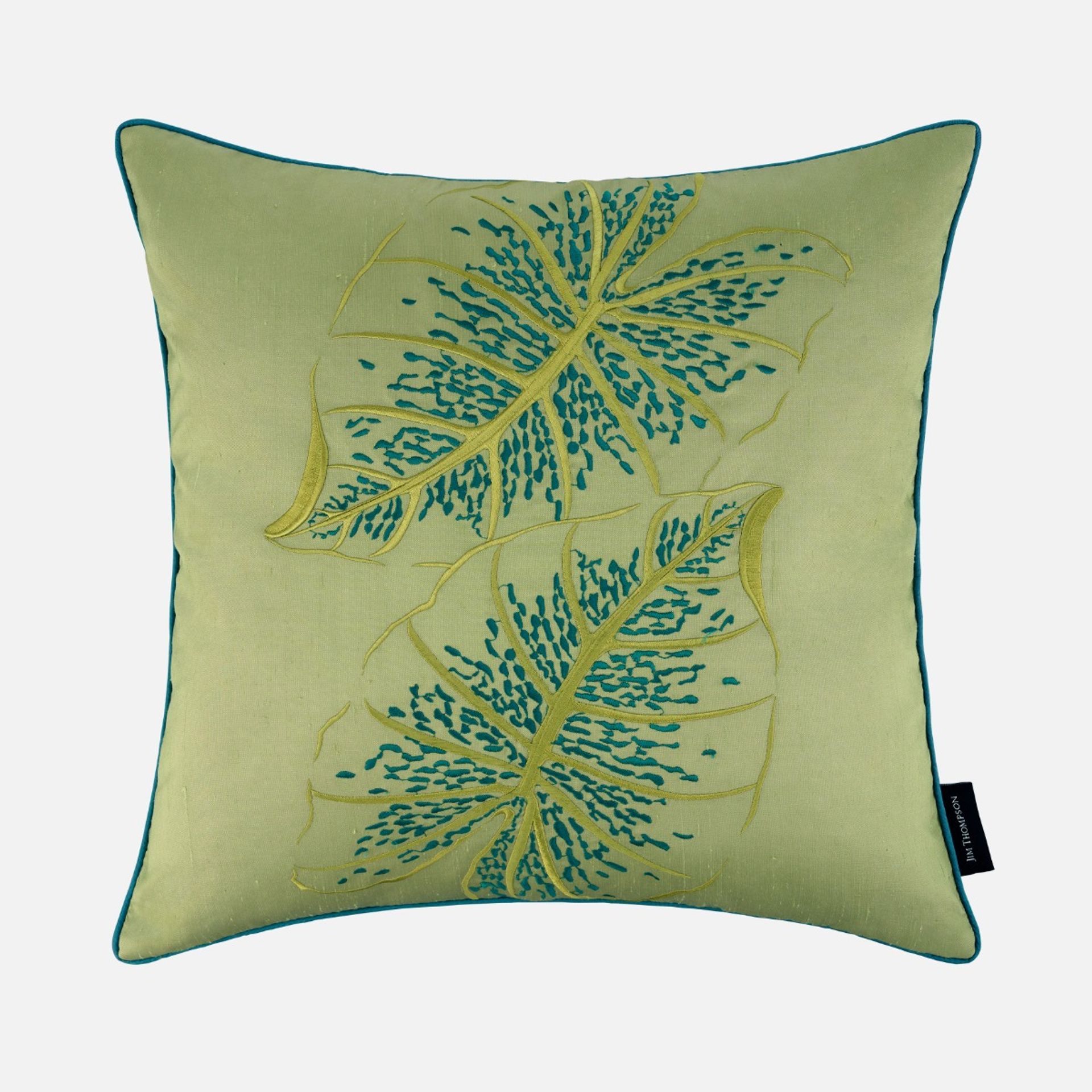 Caladium Embroidered Silk Cushion Cover 18" - Piping Green ราคา 2,800 บาท*ส่งฟรี