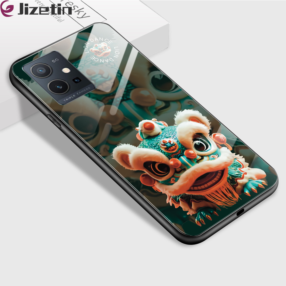 Jizetin ốp cho Vivo Y55 + 5g Y55s 2023 5g Vivo Y66 Y69 1714 Vỏ ốp kính cường lực loạt múa sư tử nhiều màu chống sốc