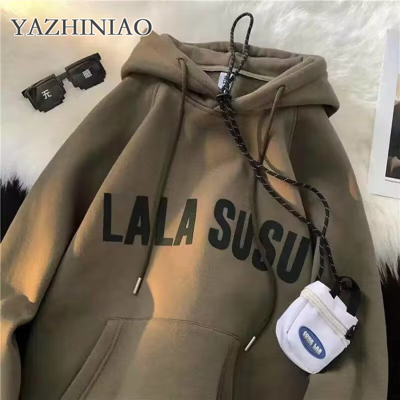 YAZHINIAO Nam Hoodieletterprint Áo Hoodie lông cừu baggy đường phố Áo Khoác Nam một hoodie cho trường học