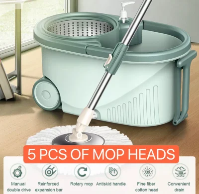 [READY STOCK FAST DELIVERY] 360 Rotary Spin Mop Set / Easy Washing and Dry / Stainless Steel Bucket / 5PCS of Microfiber Mop Heads