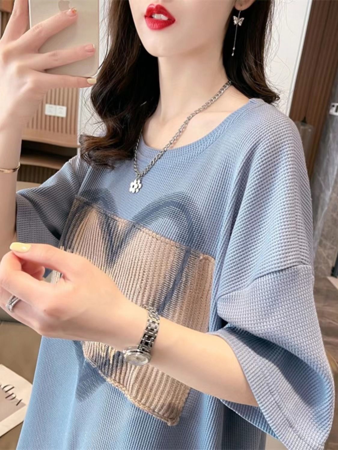 Áo Thun Nữ phiên bản Hàn Quốc Bánh quế kiểu mới Áo thun cộc tay Mới Mùa Hè vừa đến dài dáng rộng