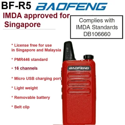 Singapore stock, IMDA approved, license free BAOFENG BF-R5 red Mini Portable two way radio UHF PMR446 (446.0-446.1 MHz) travel convoy shopping walkie talkie transceiver