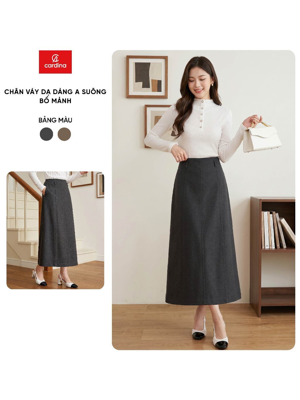 Chân váy nữ CARDINA chất liệu dạ mềm  dáng A suông bổ mảnh 6CVA06