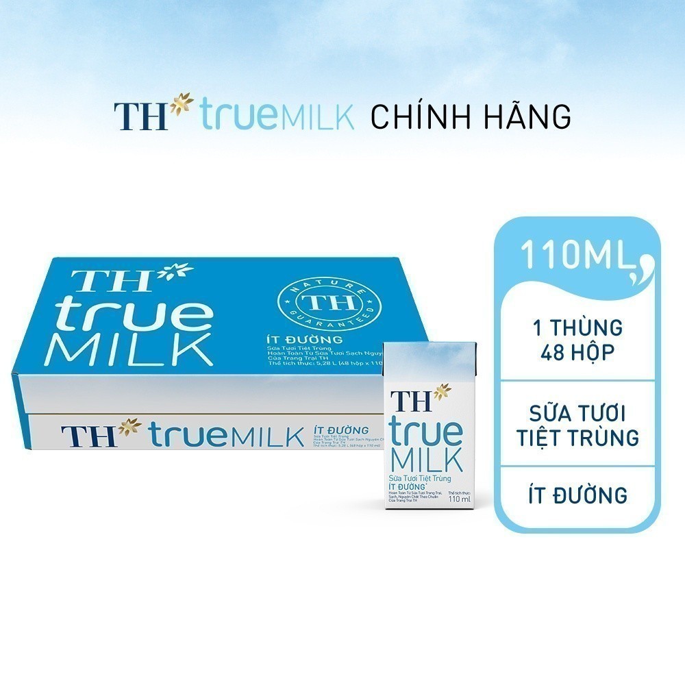[TH True Milk] Thùng 48 Hộp Sữa Tươi Tiệt Trùng Ít Đường TH True Milk - 110ml/hộp