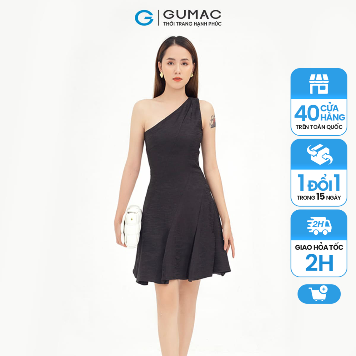 Đầm nữ lệch vai GUMAC mẫu mới DB512 BST MissGU cao cấp, chất liệu vải Wonder kháng khuẩn, tôn dáng, sang chảnh