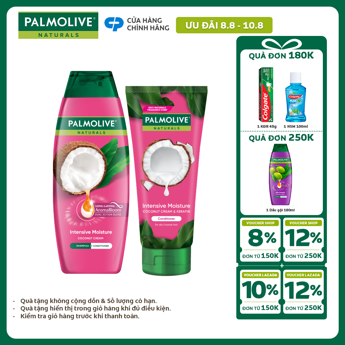 [MỚI] Bộ Dầu gội và Dầu xả Palmolive chiết xuất thiên nhiên  keratin cho tóc mềm mượt, lưu hương bền lâu 180ml