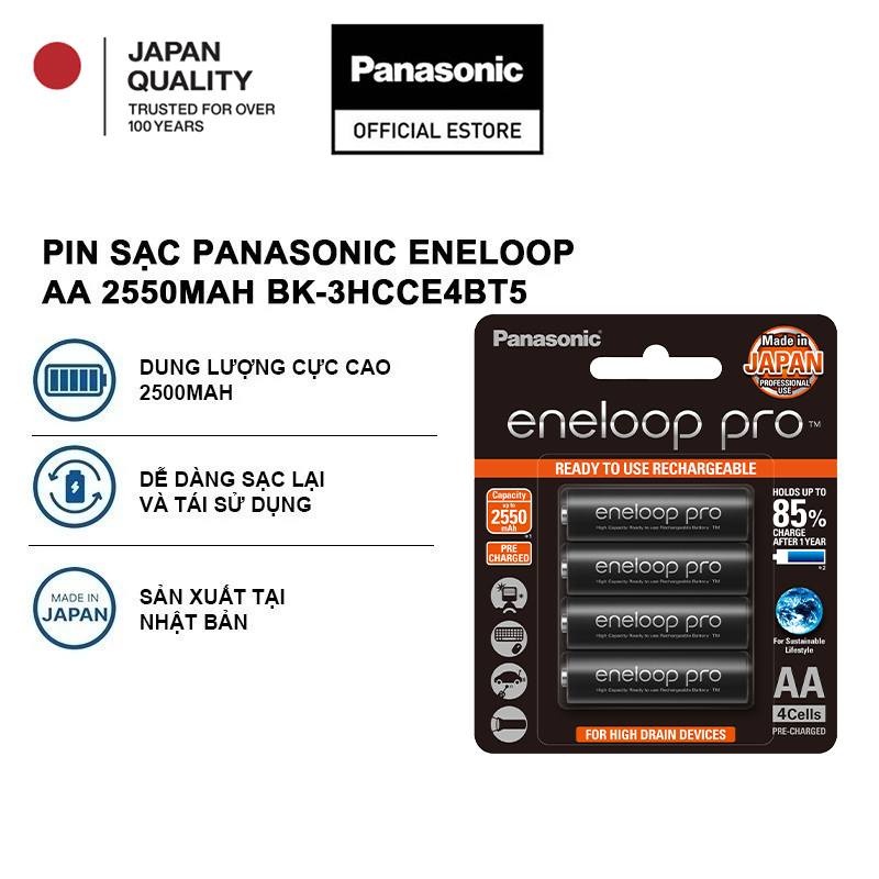 Pin sạc Panasonic eneloop pro AA 2550mAh BK-3HCCE4BT8 (Vỉ 4 viên) - Hàng chính hãng