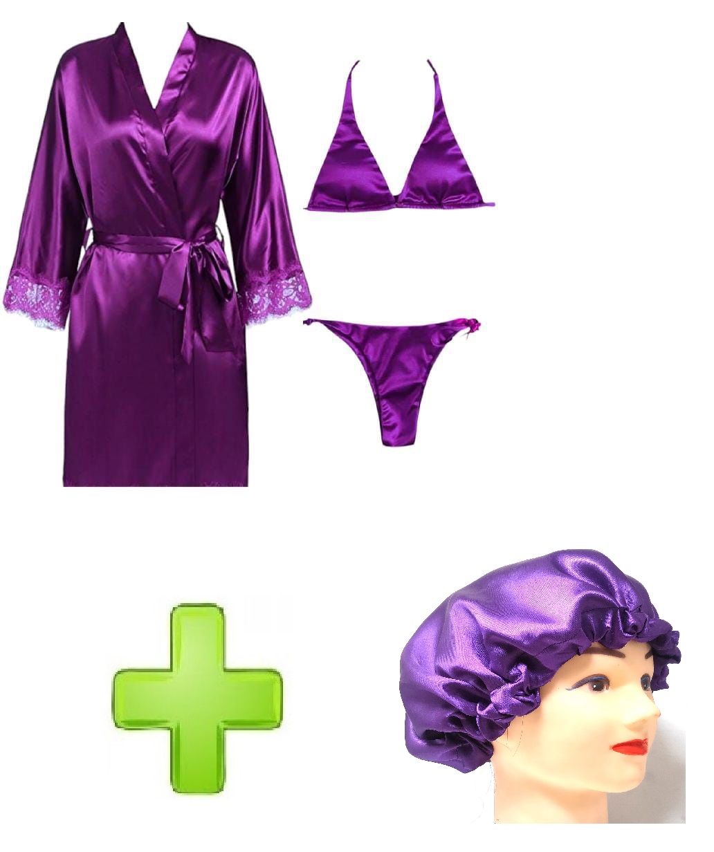 Women 3 Piece Sexy Nighty Sleepwear Silk Satin night dress Lingerie Set With Robe and Short Gown Bridal for Ladies and Girls for Night Wear Bra-Purple with Night Cap