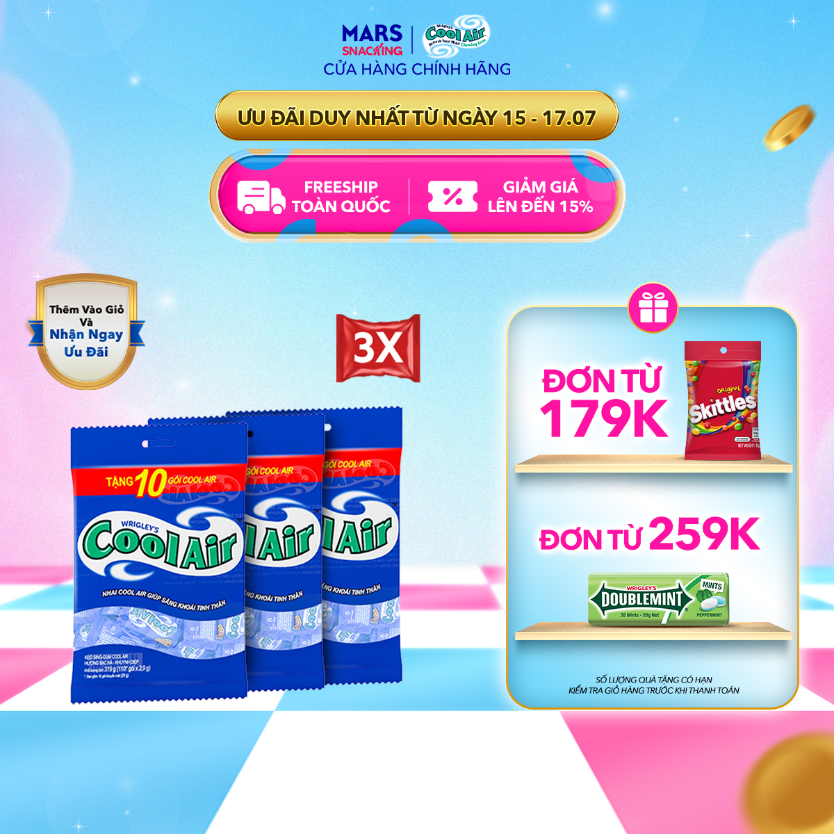 [300 gói tặng 30 gói] Combo 3 Túi Kẹo Sing-Gum Cool Air Hương Bạc Hà - Khuynh Diệp Túi (Túi gồm 300 + 30 Gói x 2 Viên Kẹo)
